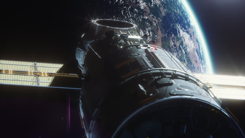 a spaceship flying in space orbiting a planet