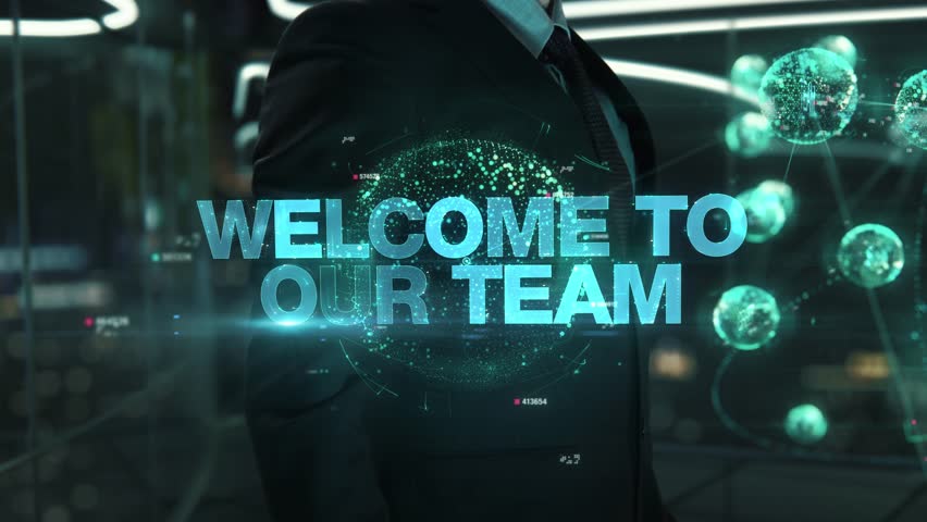 Businessman with Welcome To Our Team hologram concept
