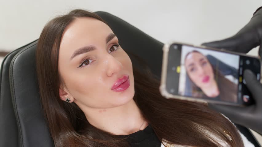 Beauty injections. A cosmetologist takes a picture of the result on a phone after an injection to a patient wearing medical gloves. Lip augmentation procedure, injection plastic surgery. Royalty-Free Stock Footage #3391819621