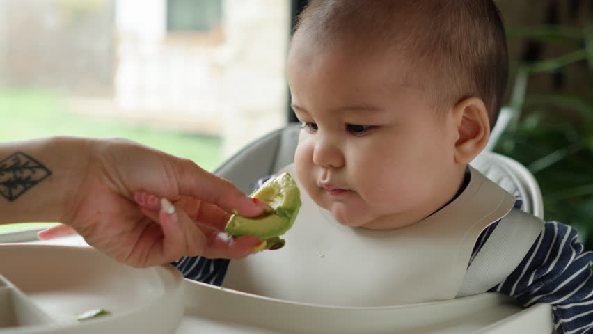 Cute Asian baby tries to eat solid foods avocado for the first time and has disgusted reaction