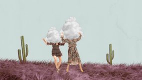 Stop motion. Animation. Two women in stylish dresses with cloud head walking on desert. Thoughtful girls. Dreaming. Concept of creativity, inspiration, imagination. Surreal art - Powered by Shutterstock - Get 15% off with code: PIKWIZARD15