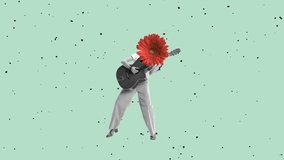 Stop motion. Animation. Young stylish woman with flower head playing guitar isolated over blue background. Vintage retro style. Concept of freedom, creativity, fun, party, love and ad - Powered by Shutterstock - Get 15% off with code: PIKWIZARD15