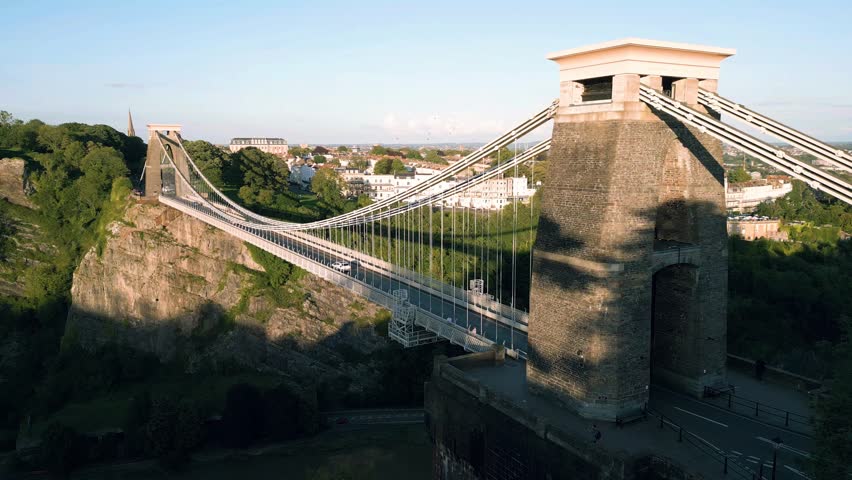 Aerial orbit of Clifton Suspension bridge designed by Isambard Brunel in 1864 near Bristol, England, UK