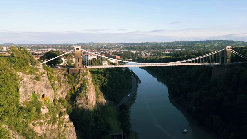 Aerial fly up Clifton Suspension bridge designed by Isambard Brunel in 1864 near Bristol, England, UK