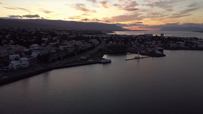Sunset over cruise ship port in Akureyri, Iceland