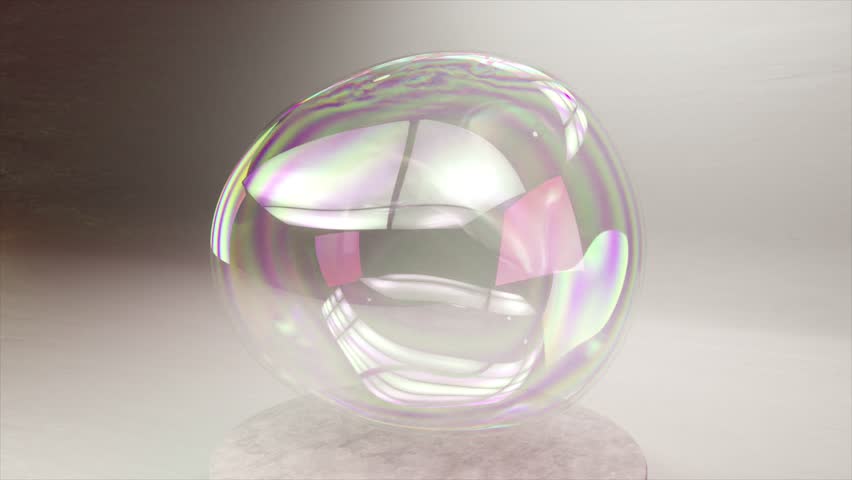 Shimmering soap bubble burst in 3D animation, a dance of iridescent fragments. Slow Motion