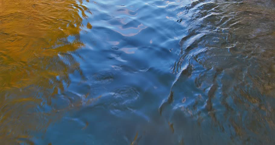 Abstract aerial view of sky relfection on flowing river surface in spring.