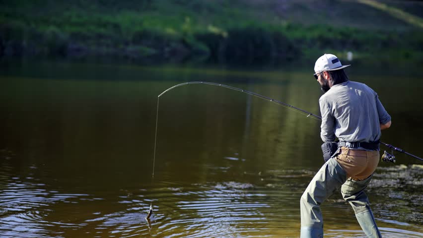 Fisherman With Rod Catching Fish On River. Fishing Pike Perch On Spinning Reel. Fisher Pulling Rod While Fishing. Angler Catch Fishing Trophy. Fisherman Carbon Rod , Reel Fishing Perch Or Pike On Lake