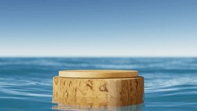 Wooden podium on wave beach and blue sky abstract background. Copy space for product presentation. 3d render.	