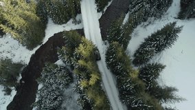 Aerial view of a black car on a snowy road crossing over a bridge above a mountain river, surrounded by tall fir trees illuminated by sunlight.Driving the car on a road close to the river. - Powered by Shutterstock - Get 15% off with code: PIKWIZARD15