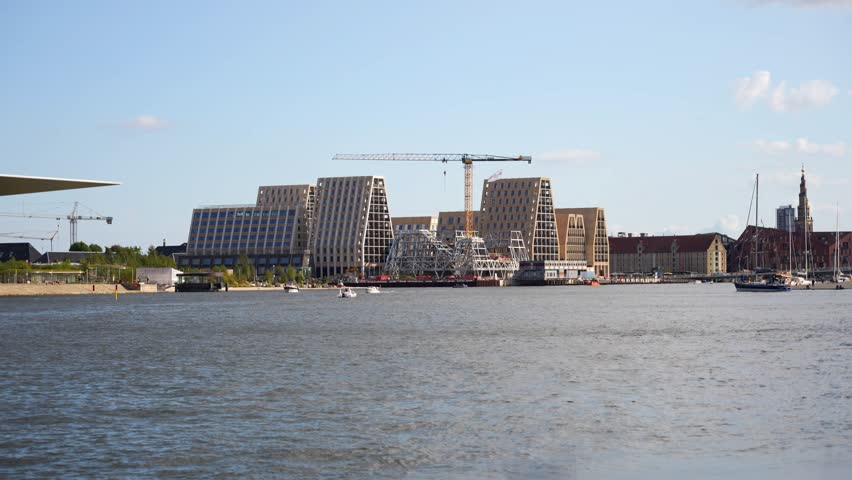 Establishing wide shot of residential buildings construction in Christianshavn, Copenhagen