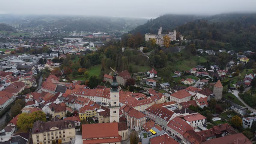 areal view of old castle in forest  - top view wolfsberg 