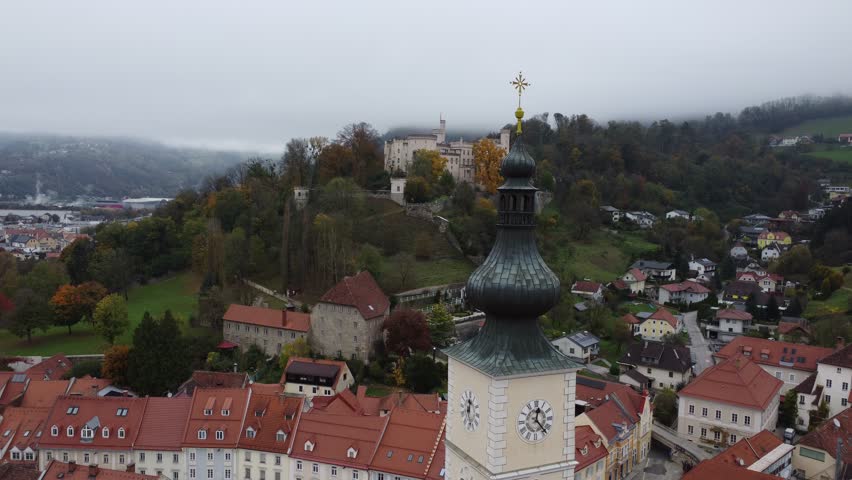 areal view of old castle in forest  - top view wolfsberg 