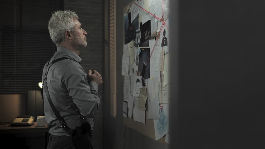 focused police detective looking at the crime board trying to solve the murder case,pensive policeman in office studying the murder evidence Royalty-Free Stock Footage #3392100829