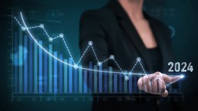 
Business Woman Drawing a Descending Graph for Year 2024.  Stock Broker Using Augmented or Virtual Reality. Touchscreen Display Showing Financial Downward Trend. Future Economic Recession, Crisis. - Powered by Shutterstock - Get 15% off with code: PIKWIZARD15