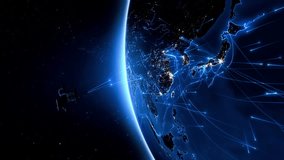 Internet Telecom Satellite Orbiting Earth. Artificial High Tech Satellite Providing Internet Connection From Space. Technology, Telecommunications, GPS, Surveillance Concept. Japan, Asia. - Powered by Shutterstock - Get 15% off with code: PIKWIZARD15