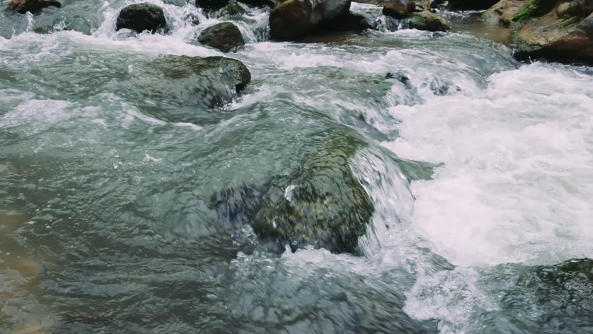 Mountain creek swiftly flowing over stones, natural rapid stream. Creek rushing over stones in clear mountain setting. Stone-lined creek in mountains, clear water flowing rapidly | Shutterstock HD Video #3392222555