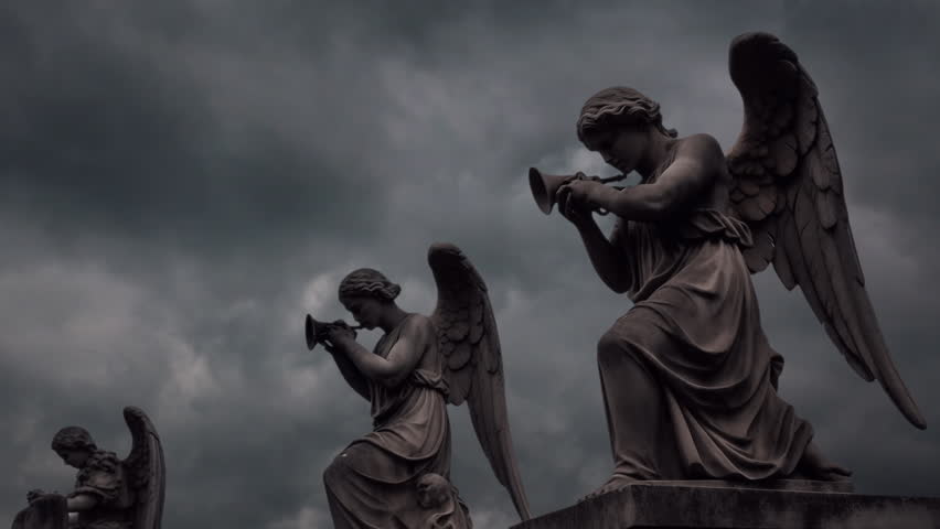 Angels playing trumpets statues and stormy skies from the book of revelations in the bible.