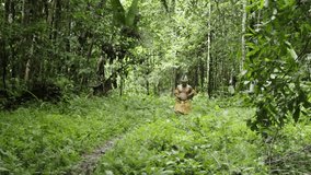Native guy walk on a trail in the dense forest in Leticia, Amazon, Colombia