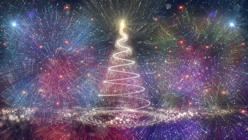 This is a motion stock graphic that shows the formation of a Christmas tree against a background of falling snowflakes with fireworks.