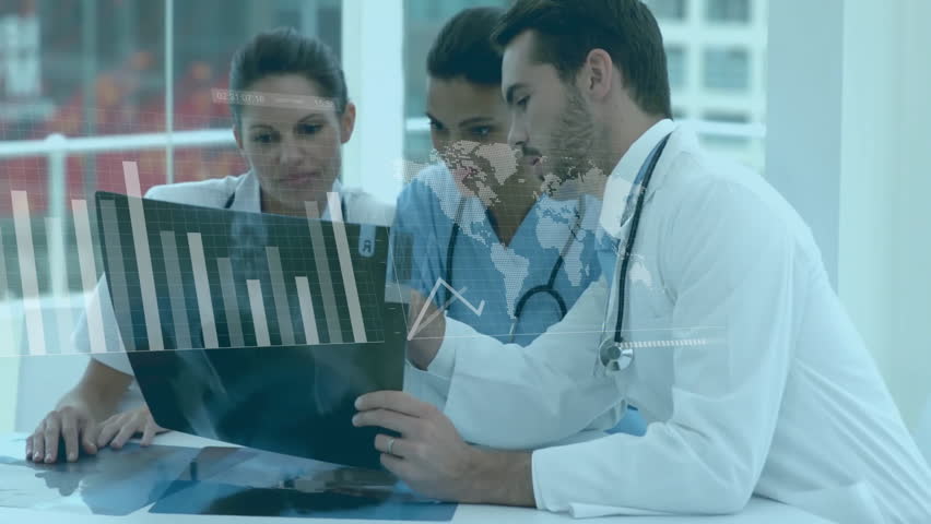 Animation of data processing over diverse doctors with x ray scan. Global medicine, connections, computing and data processing concept digitally generated video.