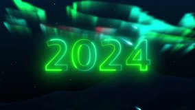 2024 Happy new year night mountain with Loop Aurora Borealis Milky Way Galaxy. Stars Simulated Northern Lights on the Arctic sky, aurora borealis, clear weather, colorful light skies in horizon. - Powered by Shutterstock - Get 15% off with code: PIKWIZARD15