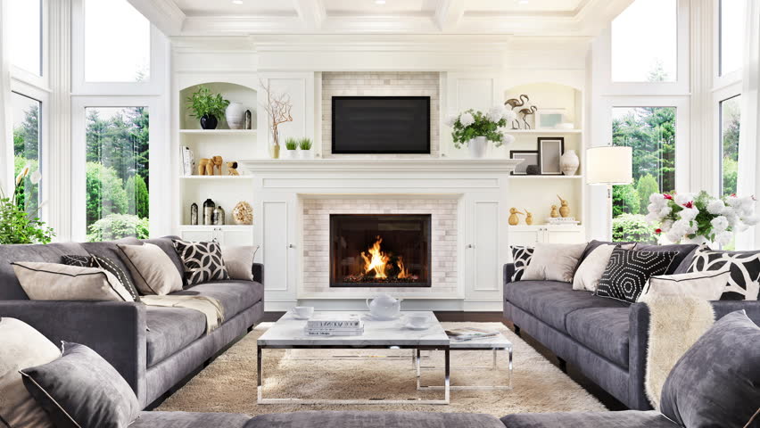 Luxury Living Room with Fireplace Royalty-Free Stock Footage #3392481649