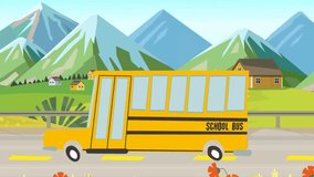 Cartoon School Bus Animation.  A cartoon animation of a school bus traveling along a country road on it’s way to pick up children and take them to school.