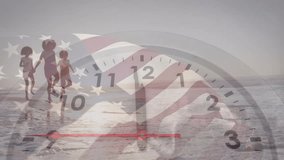 Animation of flag of america and clock over african american mother and children walking on beach. American, summer, family, freedom, time, vacations, travel and patriotism, digitally generated video. - Powered by Shutterstock - Get 15% off with code: PIKWIZARD15