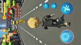 Vertical video of a player completing the fun running mobile video game mission. Vertical video of an arcade mobile game challenge. Vertical video of the boy character getting coins in a mobile game.