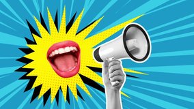 Female mouth shouting on megaphone. Excited important news. Journalism. Mass media. Modern colorful design. Stop motion, animation. Concept of creativity, inspiration, surrealism. - Powered by Shutterstock - Get 15% off with code: PIKWIZARD15