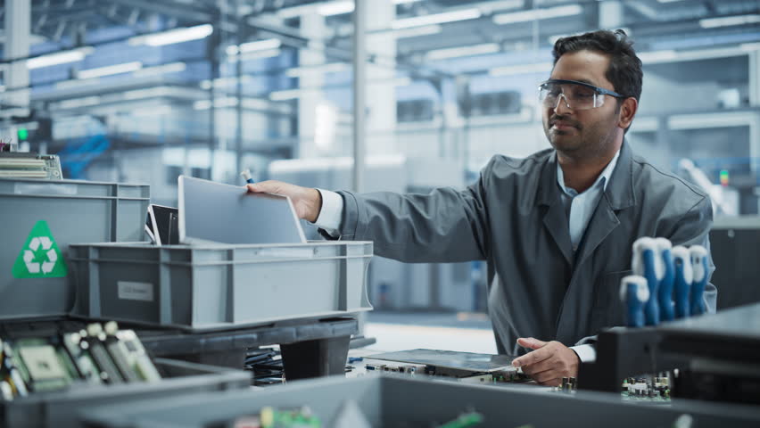 Indian Male Worker Disassembling Old Laptops To Recycle Electronic Components For Microchip Production At Automated Electronics Factory With Robotic Arms. Man Unscrewing Displays And Sorting Them.