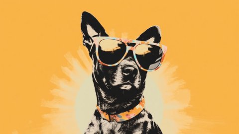 Dog animation with dark glasses with yellow background, stop motion style, retro halftone, collage animation Video stock