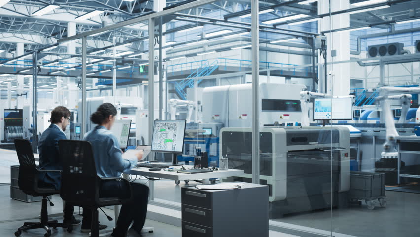 Timelapse of Automated Electronics Factory With Robotic Arms: Diverse Engineers, Assembly Line Workers, And Managers Working On Production Line Of Circuit Boards For Modern High-Tech Devices.