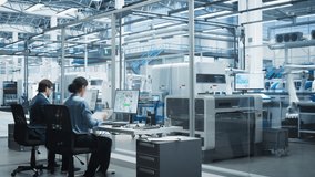 Timelapse of Automated Electronics Factory With Robotic Arms: Diverse Engineers, Assembly Line Workers, And Managers Working On Production Line Of Circuit Boards For Modern High-Tech Devices. - Powered by Shutterstock - Get 15% off with code: PIKWIZARD15