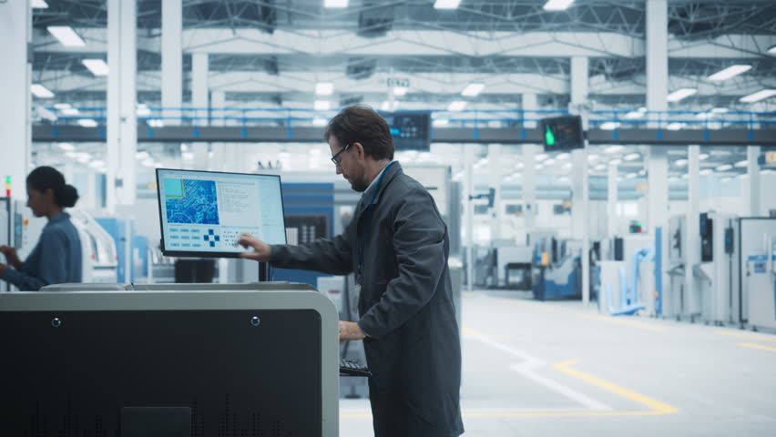 Caucasian Male Assembly Line Worker Using Soldering Jet Printer For Production Of Printed Circuit Boards At Autonomous Factory. Man Working On Computer Parts For High-Tech Machine Learning Systems.