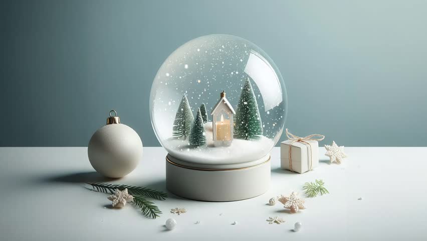 Minimalistic Christmas snow globe with minimal Christmas tree decoration, snow falling. Christmas glass ball. Bokeh, particle, shimmer. Seamless loop 4K Winter Christmas background. Royalty-Free Stock Footage #3392600627