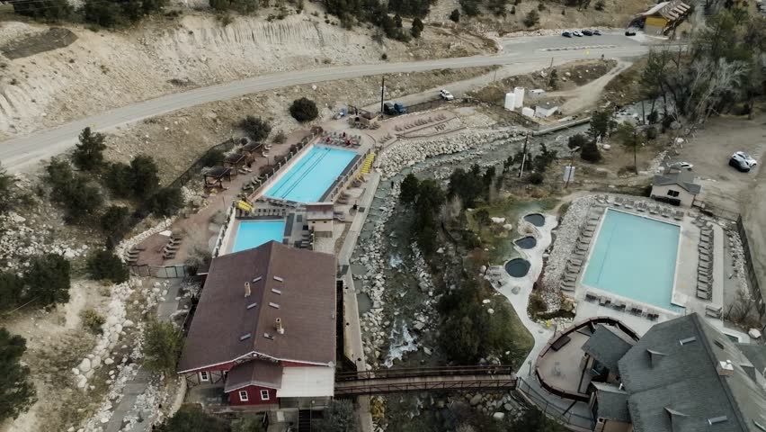 Aerial view of Colorado hot spring in the river with pools surrounding. (geothermal spring)