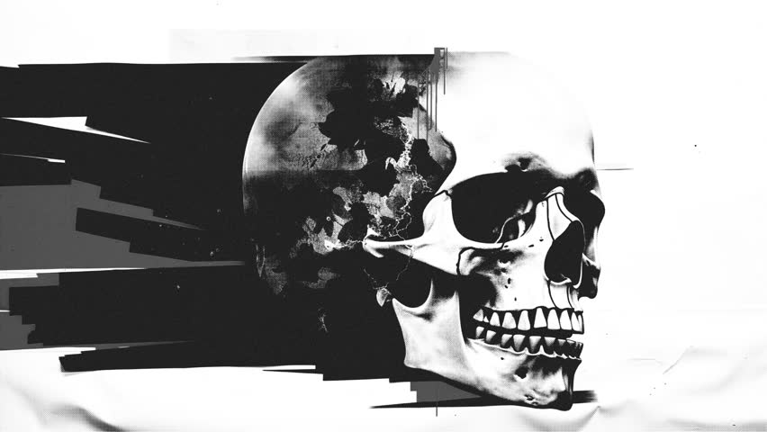 Collage animation with skull side view, the pile of paper pieces, black and white halftone, street art, and white paper background