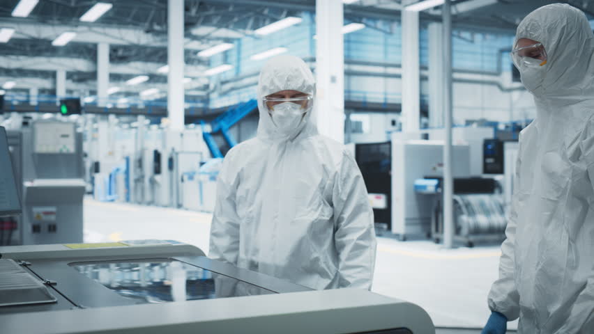 Semiconductor Production Process At Electronics Factory: Two Technicians In Sterile Suits Taking Out Silicon Wafer From Soldering Jet Printer And Checking It. Engineers Creating Hardware For Computers Royalty-Free Stock Footage #3392633589