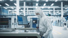 Printed Circuit Board Production At Electronics Factory: Technician In Sterile Suit Using Soldering Jet Printer To Make Modern Motherboards For Powerful CPUs. Computer Hardware Manufacturing Facility. - Powered by Shutterstock - Get 15% off with code: PIKWIZARD15