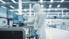 Printed Circuit Board Production In Electronics Factory Research Center: Scientist In Sterile Suit Using Soldering Jet Printer To Make Motherboards For Powerful CPU. Hardware Manufacturing Facility. - Powered by Shutterstock - Get 15% off with code: PIKWIZARD15