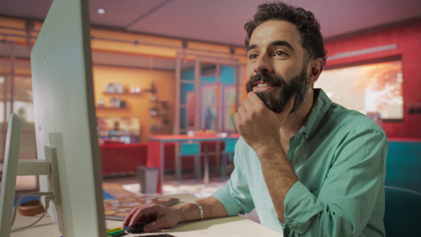 Attractive Young Man Using Desktop Computer while Sitting in Stylish Cozy Colorful Studio. Male Shopping Online from Home. Browsing Internet, Using Social Networks, Writing Project