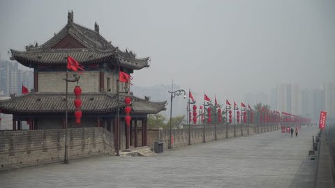 Xian City Wall at West Gate on a Foggy Winters Morning in Xian China 4K
