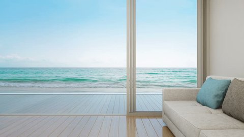 Sofa on wooden floor near glass door with ocean and sky background at luxury apartment, Lounge in sea view living room of modern beach house or hotel - Summer home interior 3d illustration