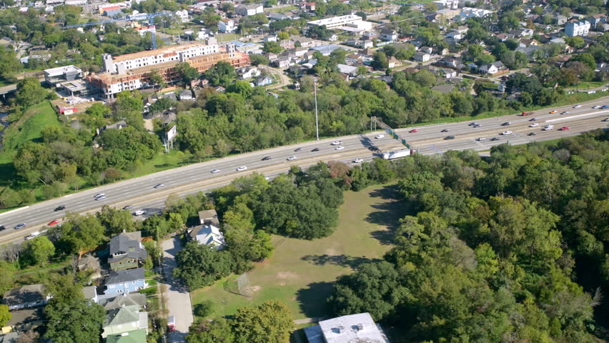 Major freeway interchange near downtown Houston, Texas of the I-10 and I-45 shot via helicopter from an altitude of about 800 feet