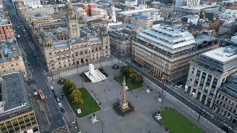 Flight over George Square in Glasgow City Center. Aerial - Glasgow City from above. Cinematic drone footage. の動画素材