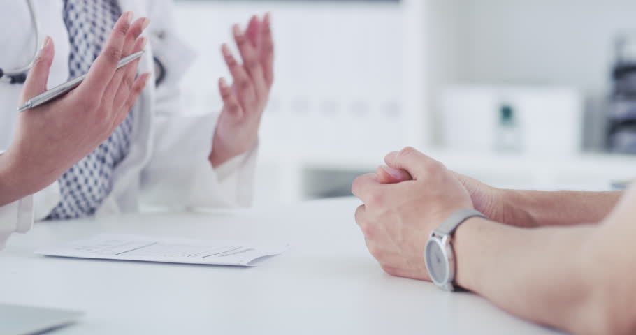 Doctor, hands and patient in consultation for healthcare advice, support and talking of treatment or solution. Medical worker or people with document or brochure for clinic help, information or guide Royalty-Free Stock Footage #3392763279
