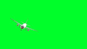 An airplane from afar is moving towards the camera. The clip has a Green background, Green Screen
