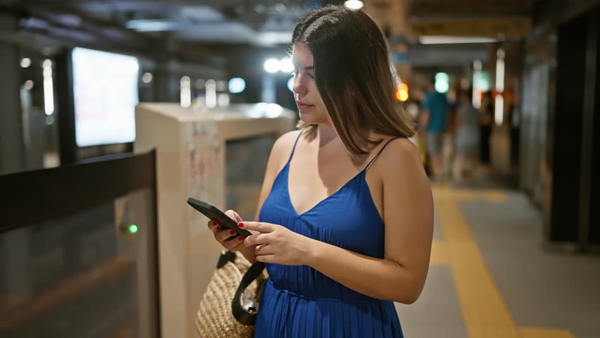 Cheerful beautiful hispanic woman, a joyful traveller, waiting for her metro train at the city subway station, happily immersed in her phone's screen, engrossed in her smiling journey Royalty-Free Stock Footage #3392802627